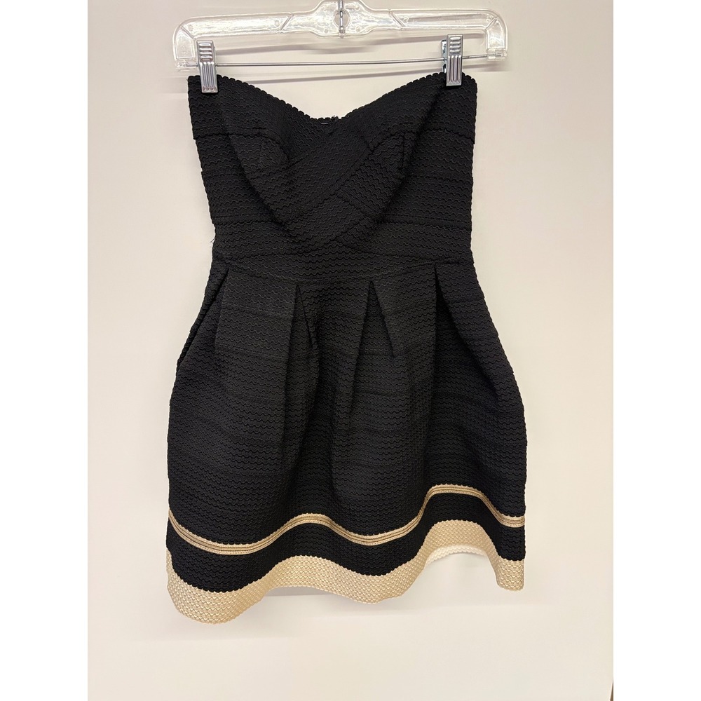 Cocktail Party Dress Strapless Textured Pleated Formal Women Black Gold